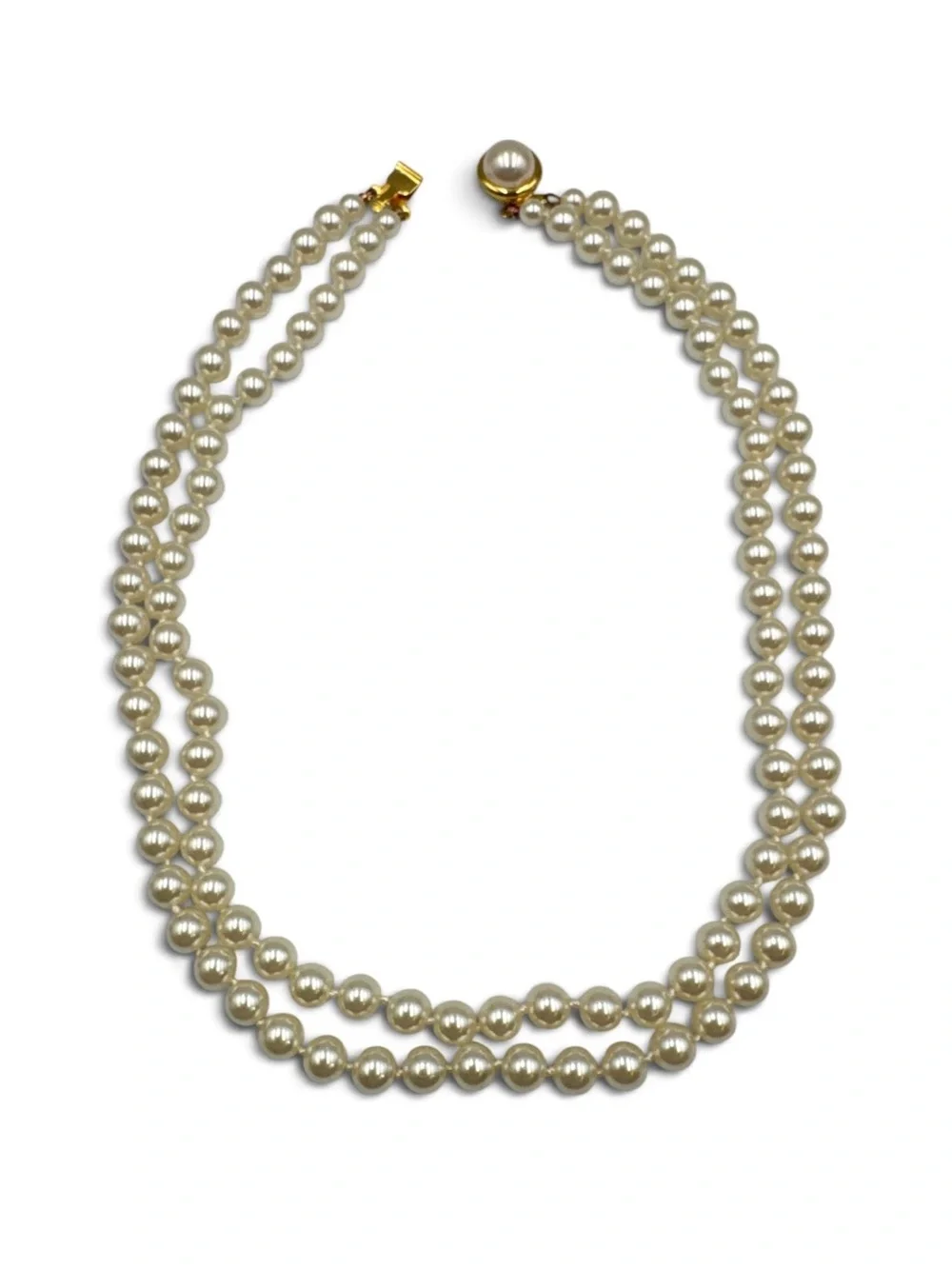 Vintage Double Strand Warm Cream Glass Shell Imitation Pearl Necklace 19”